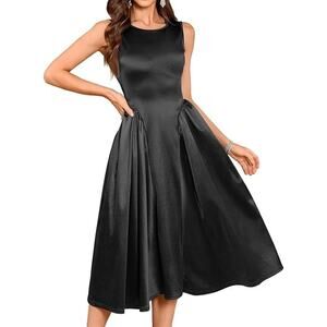 Womens Black Satin Boat Neck Renaissance Regency Glam Event‎ Cocktail Midi Dress